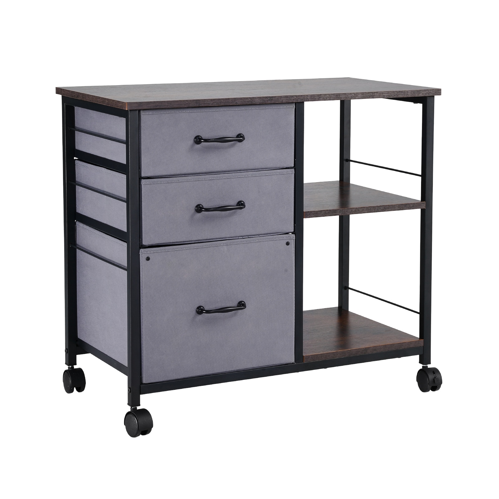 Mobile Metal File Cabinet With 3 Fabric Drawers And 2 Open Shelves Brown_maomaolike.com